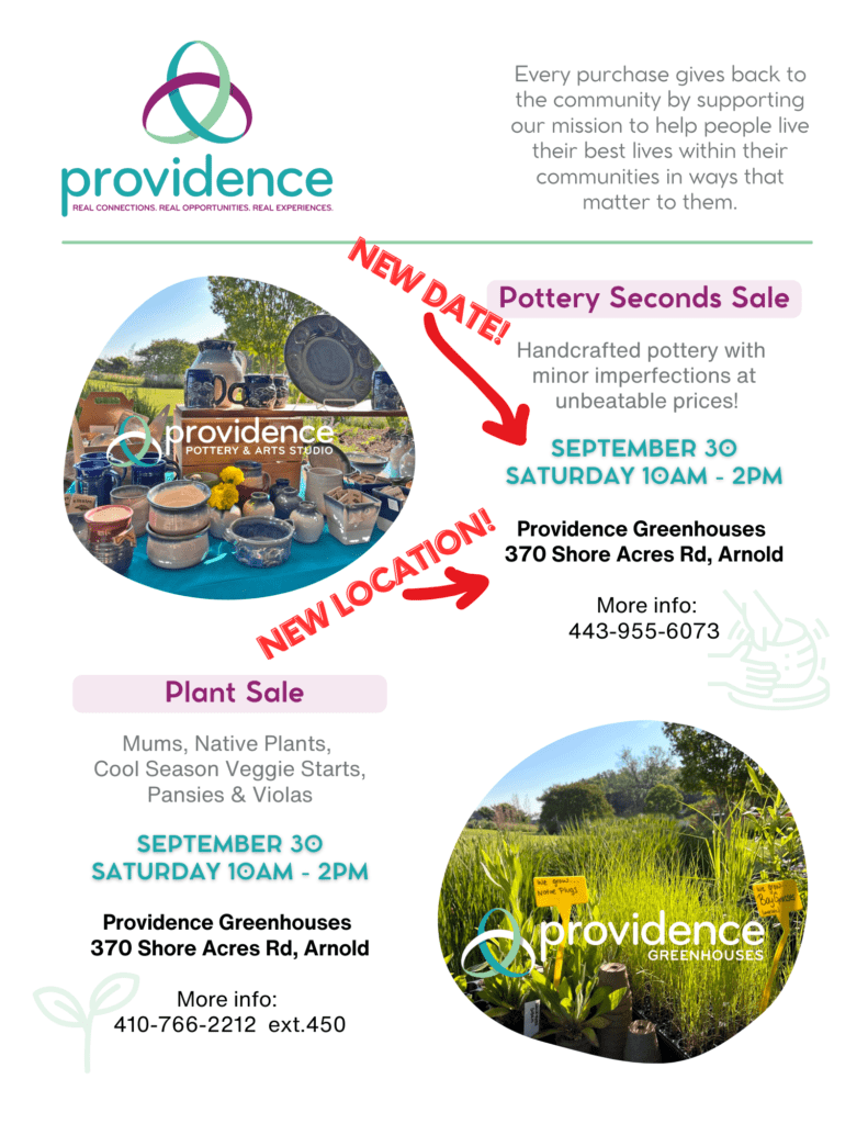 Pottery Seconds Sale NEW DATE: September 30, 2023, Saturday 10am - 2pm NEW LOCATION: Providence Greenhouses, 370 Shore Acres Rd., Arnold, MD. Handcrafted pottery with minor imperfections at unbeatable prices! More info: 443-955-6073 