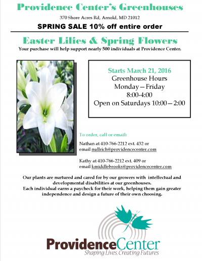 Providence Greenhouse spring sale ad featuring Easter lilies and spring flowers, 10% off.