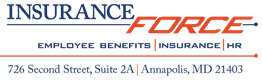 Insurance Force logo with text: Employee Benefits, Insurance, HR. Address: 726 Second Street, Annapolis, MD.