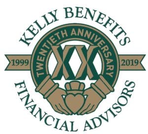 Kelly Benefits logo: Twentieth Anniversary, 1999-2019. Financial Advisors.