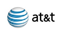 AT&T logo: blue and white striped globe next to the "at&t" text logo.