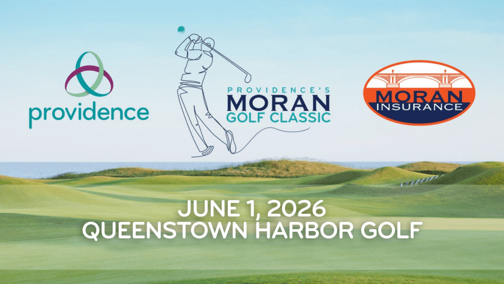 Providence Moran Golf Classic advertisement featuring a golfer, logos for Providence and Moran Insurance, and golf course image.