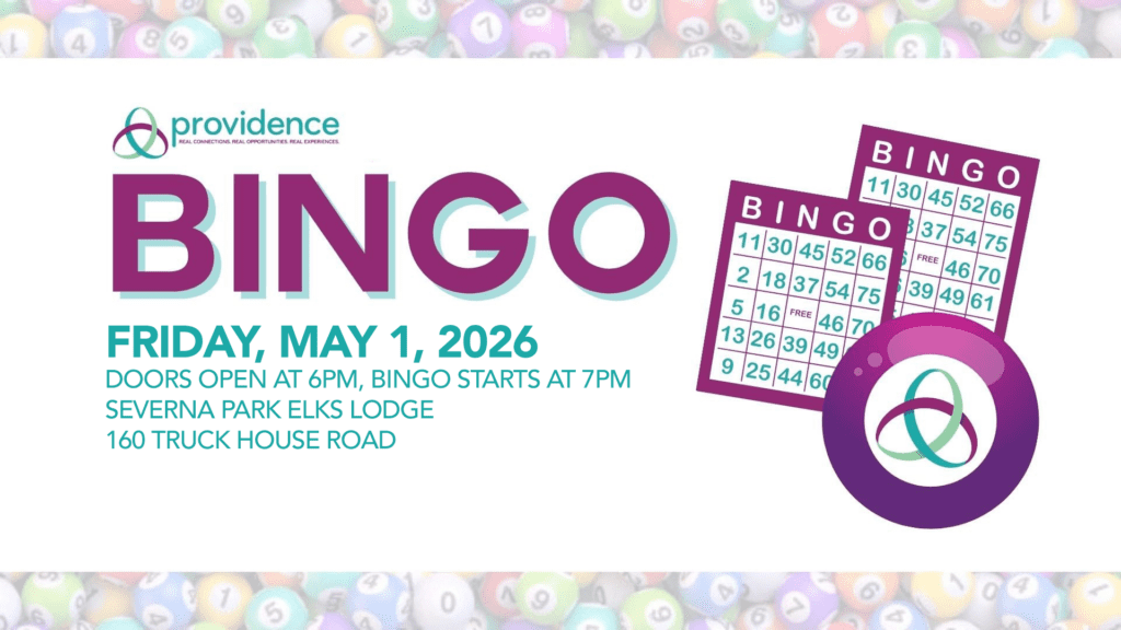Providence Bingo Fundraiser flyer: Bingo game cards, logo, and event details for Severna Park Elks Lodge, May 1, 2026.