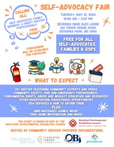 Flyer for a Self-Advocacy Fair on May 12, 2026, featuring community experts, voter registration, and DDA services.